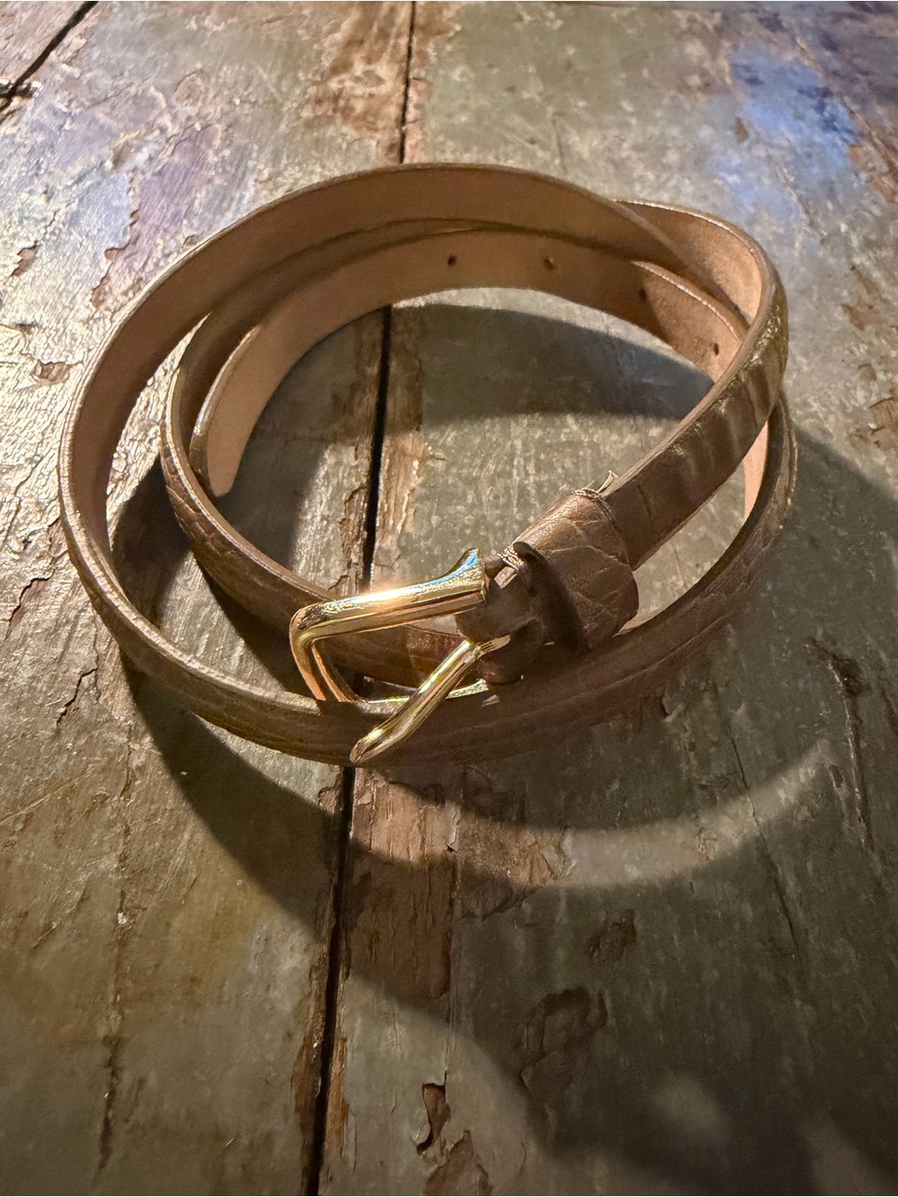 Talbots Slim Taupe Embossed Leather Belt with Gold-Tone Buckle